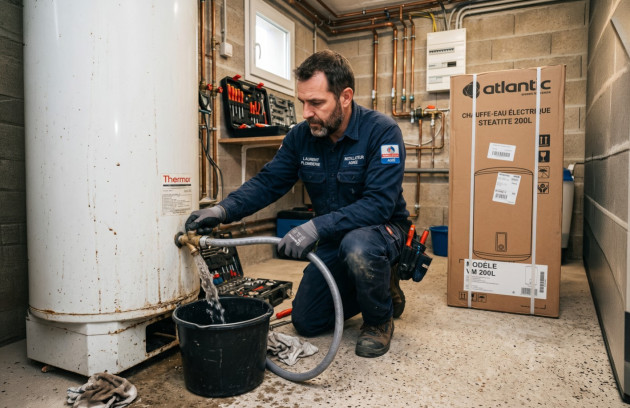 Plombier remplaçant un ancien chauffe-eau électrique dans un local technique