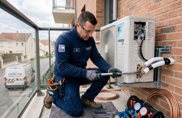 Technicien installant une unité extérieure de climatisation split sur le balcon d’un appartement.