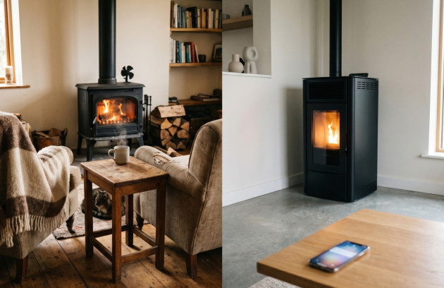 Comparaison entre un poêle à bois traditionnel et un poêle à granulés moderne.
