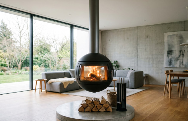 Poêle à bois suspendu au design rond installé dans une pièce de vie moderne.