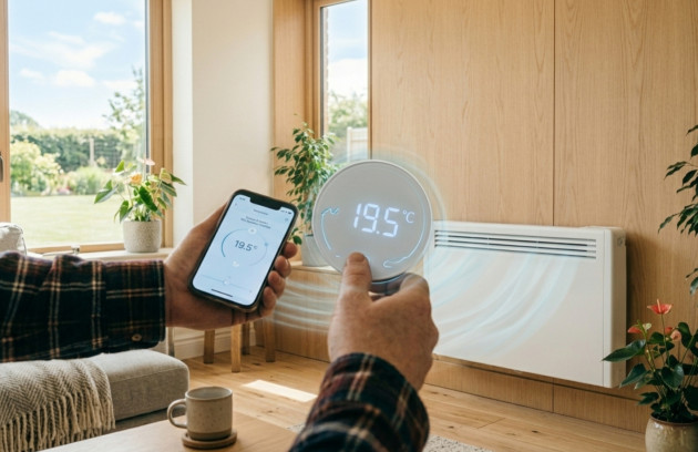 Pilotage d’un radiateur électrique via thermostat connecté affichant 19,5 °C, avec contrôle à distance sur smartphone dans un salon lumineux pour un confort thermique maîtrisé.