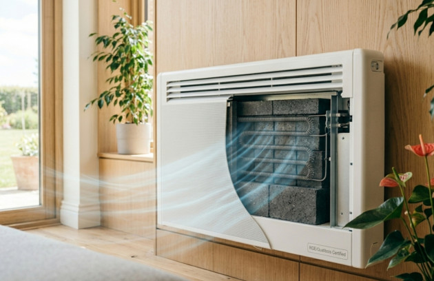 Radiateur électrique mural ouvert montrant son cœur de chauffe à inertie, diffusant une chaleur douce et homogène dans un intérieur moderne en bois.