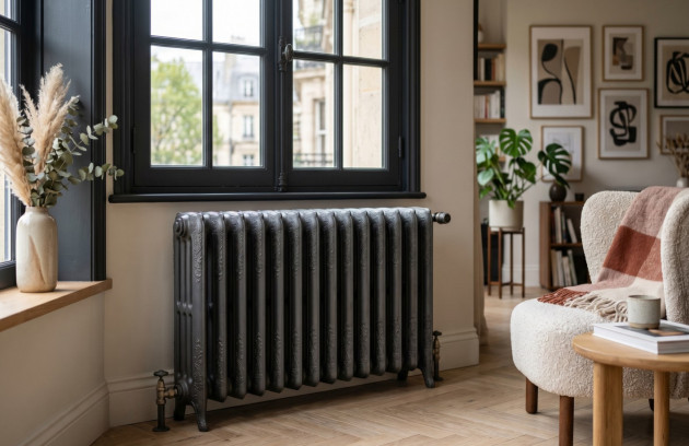 Radiateur en fonte noir dans un intérieur contemporain.
