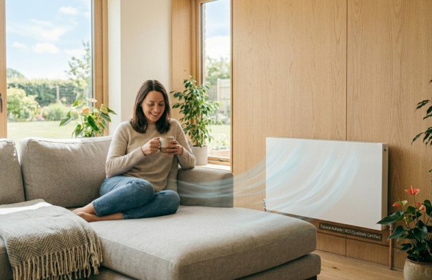 Nouveau radiateur moderne installé dans un salon lumineux après remplacement du radiateur en fonte