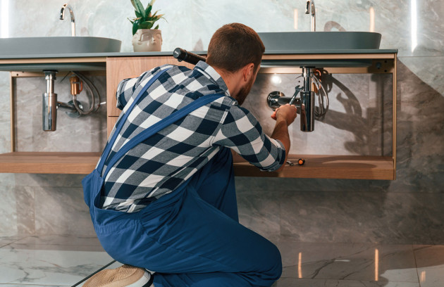 Plombier installant la robinetterie sous un meuble double vasque, raccordements visibles.