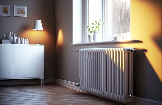 Radiateur à eau chaude installé sous une fenêtre dans un salon lumineux, diffusion homogène de la chaleur en hiver.