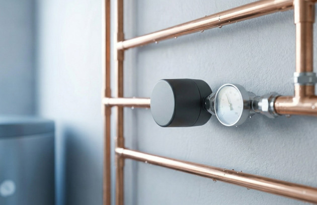 Système de traitement d’eau installé sur tuyauterie en cuivre avec manomètre mural.