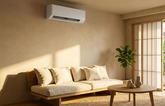 Pièce de vie avec climatiseur mural split, ambiance chaleureuse et mobilier en bois.