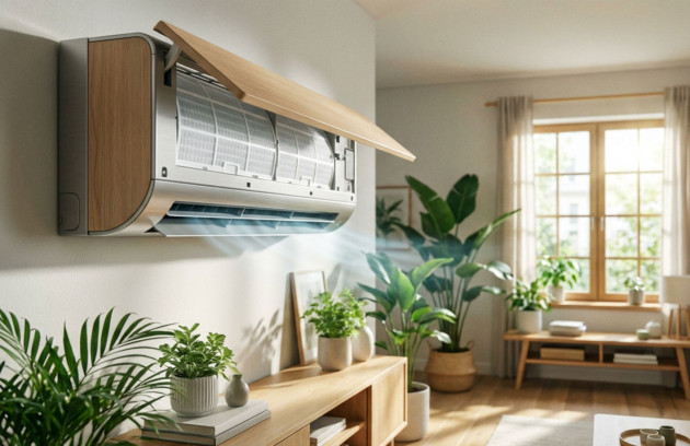 Climatiseur mural ouvert avec filtres visibles en cours de nettoyage, diffusion d’air frais dans un intérieur lumineux avec plantes, illustrant l’entretien d’une climatisation domestique.