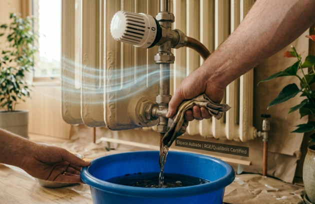 Vidange d’un radiateur en fonte avec purge et récupération d’eau dans une bassine