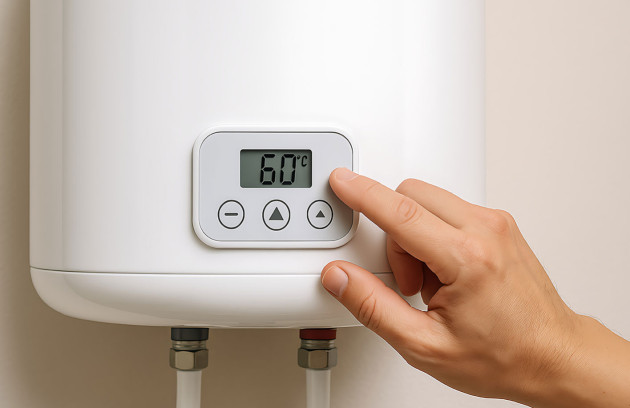 Réglage de la température à 60°C sur une chaudière électrique murale, illustration du pilotage précis du chauffage central et de la production d’eau chaude sanitaire.