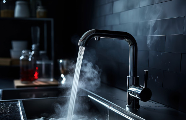 Robinet de cuisine diffusant une eau chaude fumante, illustrant la production d’eau chaude sanitaire à la demande grâce à un chauffe-eau instantané compact.