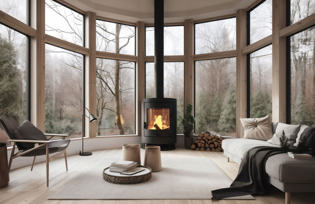 Salon contemporain avec poêle à bois et grandes baies vitrées, solution de chauffage au bois pour une ambiance chaleureuse.