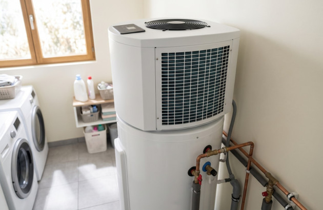 Chauffe-eau thermodynamique installé dans une buanderie.