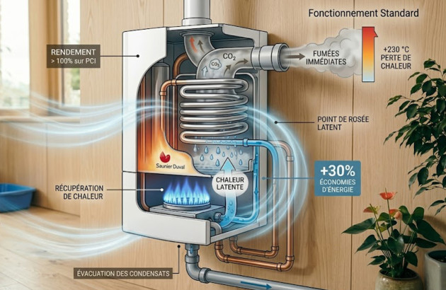 Schéma explicatif du fonctionnement d’une chaudière à condensation avec récupération de chaleur
