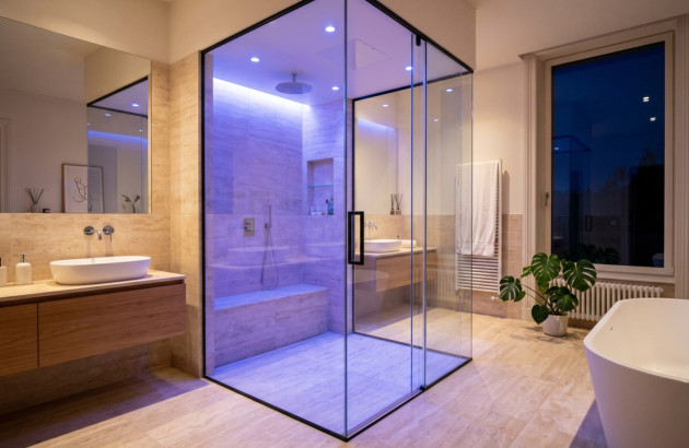 Douche vitrée avec éclairage bleu de chromothérapie dans une salle de bains moderne.
