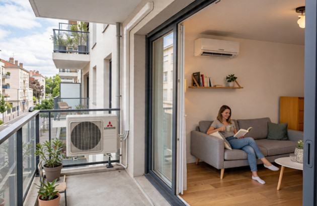 Climatisation split installée sur le balcon d’un appartement avec unité intérieure dans un salon moderne et lumineux.