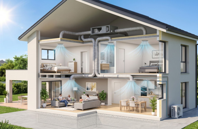 Maison en coupe avec climatisation gainable diffusant l’air frais dans plusieurs pièces via des conduits dissimulés
