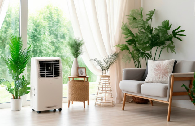 Climatiseur mobile dans un salon lumineux, entouré de plantes, pour rafraîchir la pièce en été.