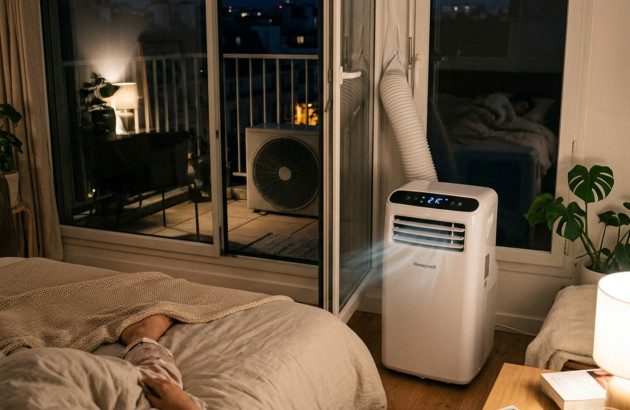 Climatiseur mobile silencieux installé dans une chambre pour des nuits plus fraîches