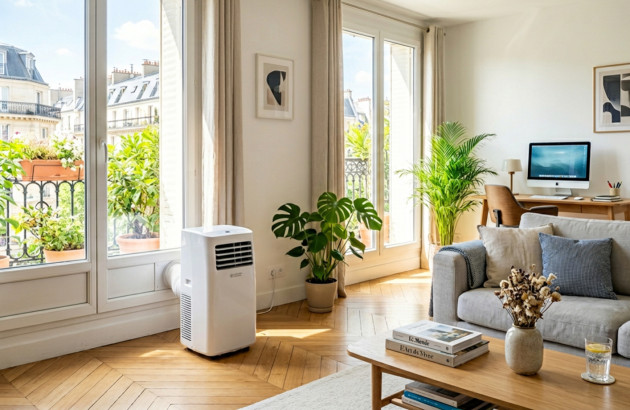 Salon lumineux avec climatiseur mobile près des baies vitrées, usage ponctuel en appartement.