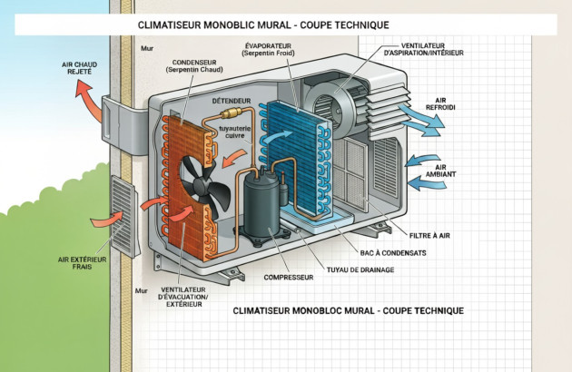 Schéma technique d’un climatiseur monobloc mural montrant le compresseur, les échangeurs et la circulation de l’air.