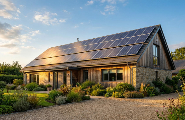 Maison individuelle équipée de panneaux solaires photovoltaïques installés sur une toiture inclinée, produisant de l’électricité grâce à l’énergie solaire dans un environnement résidentiel verdoyant.