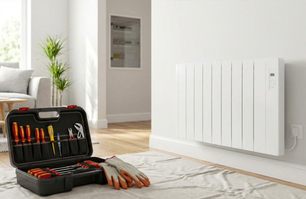 Radiateur électrique mural en cours d’installation avec outils au sol, illustrant le branchement et la pose d’un chauffage électrique domestique.