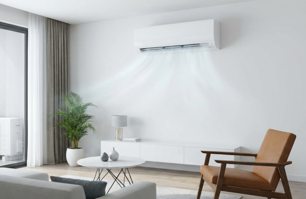Climatiseur mural diffusant de l’air frais dans un salon moderne avec unité extérieure visible, illustrant le confort thermique d’une climatisation réversible.