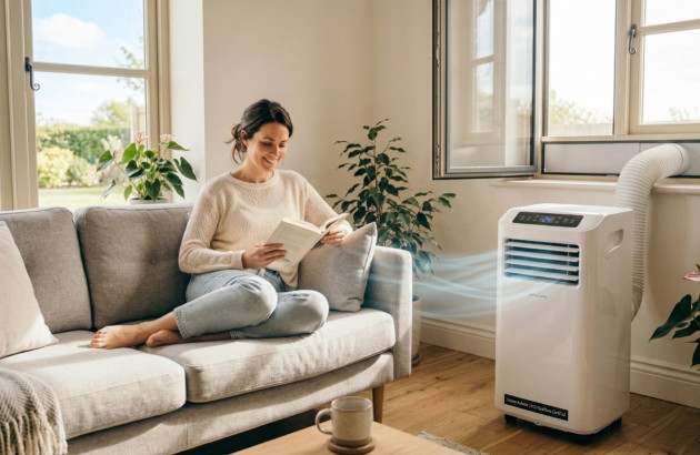 Femme assise sur un canapé utilisant une climatisation mobile dans un salon lumineux
