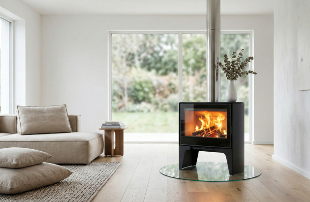 Poêle à bois contemporain installé dans un salon épuré, avec flammes visibles et diffusion de chaleur, illustrant un chauffage au bois performant et design.