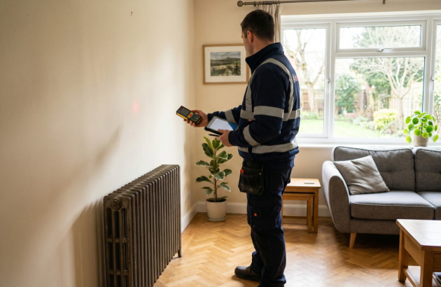 Professionnel réalisant un diagnostic du système de chauffage dans une maison équipée d’un radiateur en fonte.