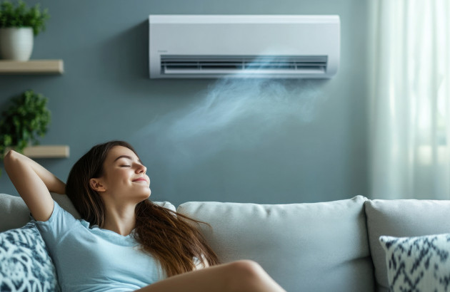 Climatisation murale réversible diffusant de l’air frais dans un salon moderne, femme détendue sur canapé profitant d’un réglage optimal de clim pour un confort thermique sans surconsommation d’énergie.