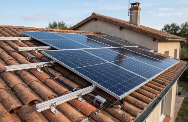 Panneaux solaires photovoltaïques installés sur la toiture en tuiles d’une maison.