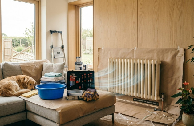 Ancien radiateur en fonte à démonter dans un salon protégé avant rénovation chauffage