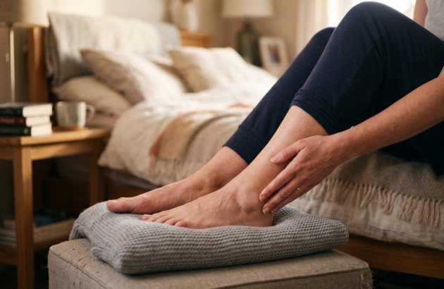 Femme assise sur un lit massant délicatement sa cheville et sa jambe.