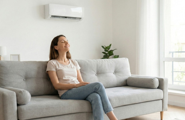 Femme détendue dans un salon moderne sous une climatisation murale en fonctionnement