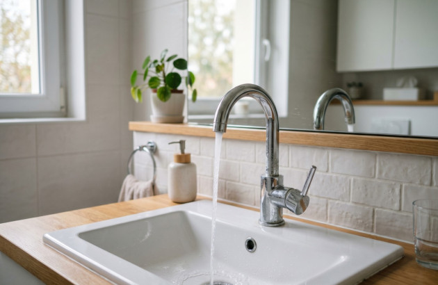 Robinet de lavabo ouvert avec écoulement d’eau dans une salle de bains lumineuse.
