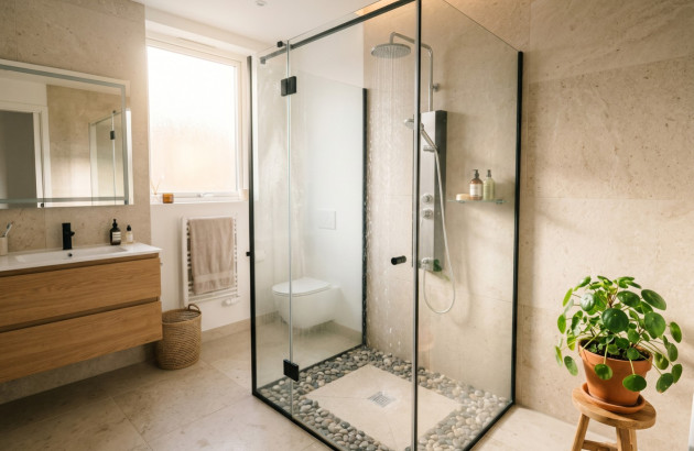 Douche à l’italienne vitrée avec douche de tête dans une salle de bains moderne et lumineuse.