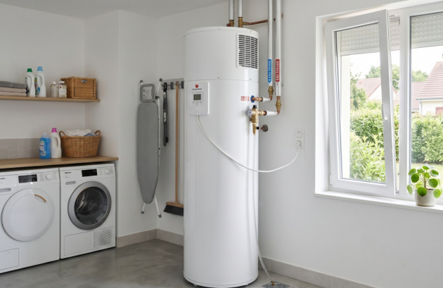 Chauffe-eau thermodynamique installé dans une buanderie lumineuse