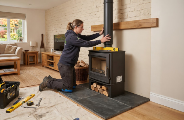 Installation d’un poêle à bois dans un salon avec raccordement du conduit de fumée.