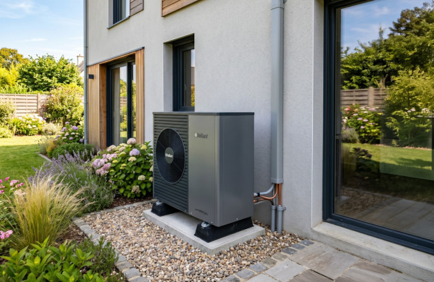 Pompe à chaleur air/eau installée à l’extérieur d’une maison individuelle moderne