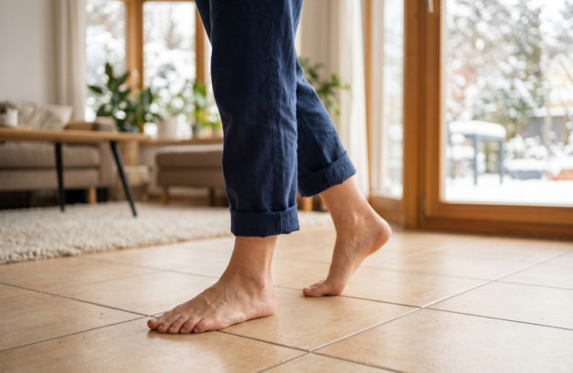 Personne marchant pieds nus sur un sol chauffant.