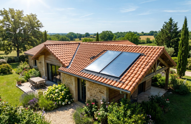 Maison équipée de panneaux solaires thermiques pour la production d’eau chaude sanitaire