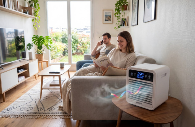 Mini climatiseur compact diffusant de l’air frais dans un salon lumineux, avec occupants profitant d’un intérieur confortable en été.