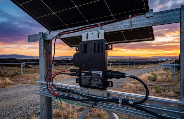 Gros plan sur un micro-onduleur installé sous un panneau solaire dans une centrale photovoltaïque.