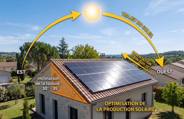 Orientation idéale des panneaux solaires sur toiture plein sud avec inclinaison optimale.