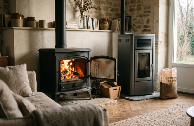 Poêle à bois et poêle à granulés installés côte à côte dans un salon chaleureux.