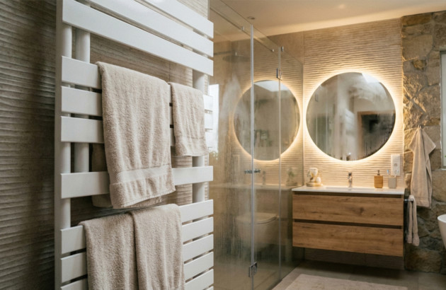 Sèche-serviettes mural avec serviettes dans une salle de bains moderne, chauffage efficace et ambiance confortable pour un usage quotidien.