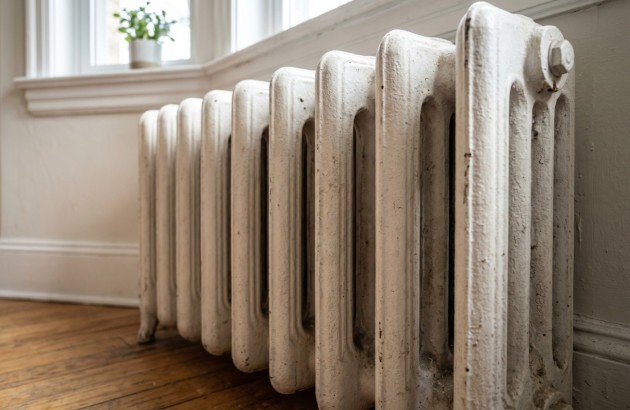 Radiateur en fonte ancien dans une pièce de vie.